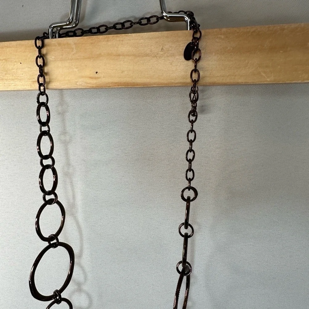 Lia Sophia Haute Long Bold Ring Link Chain Necklace Gunmetal Bronze Finish Boho